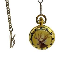 Pocket Watch Mule Deer Stag Majesti Quartz Japan Movt Mechanical Battery Gold